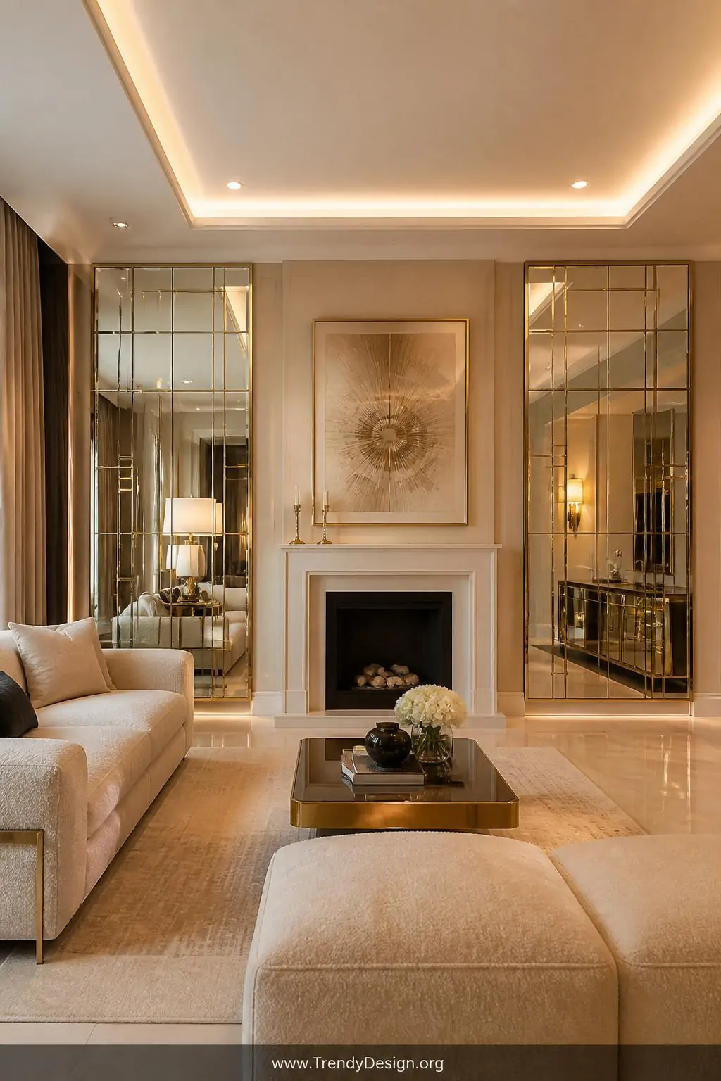 Wide shot of a refined, architecturally detailed living room featuring symmetrical built-in mirrored panels flanking a white 