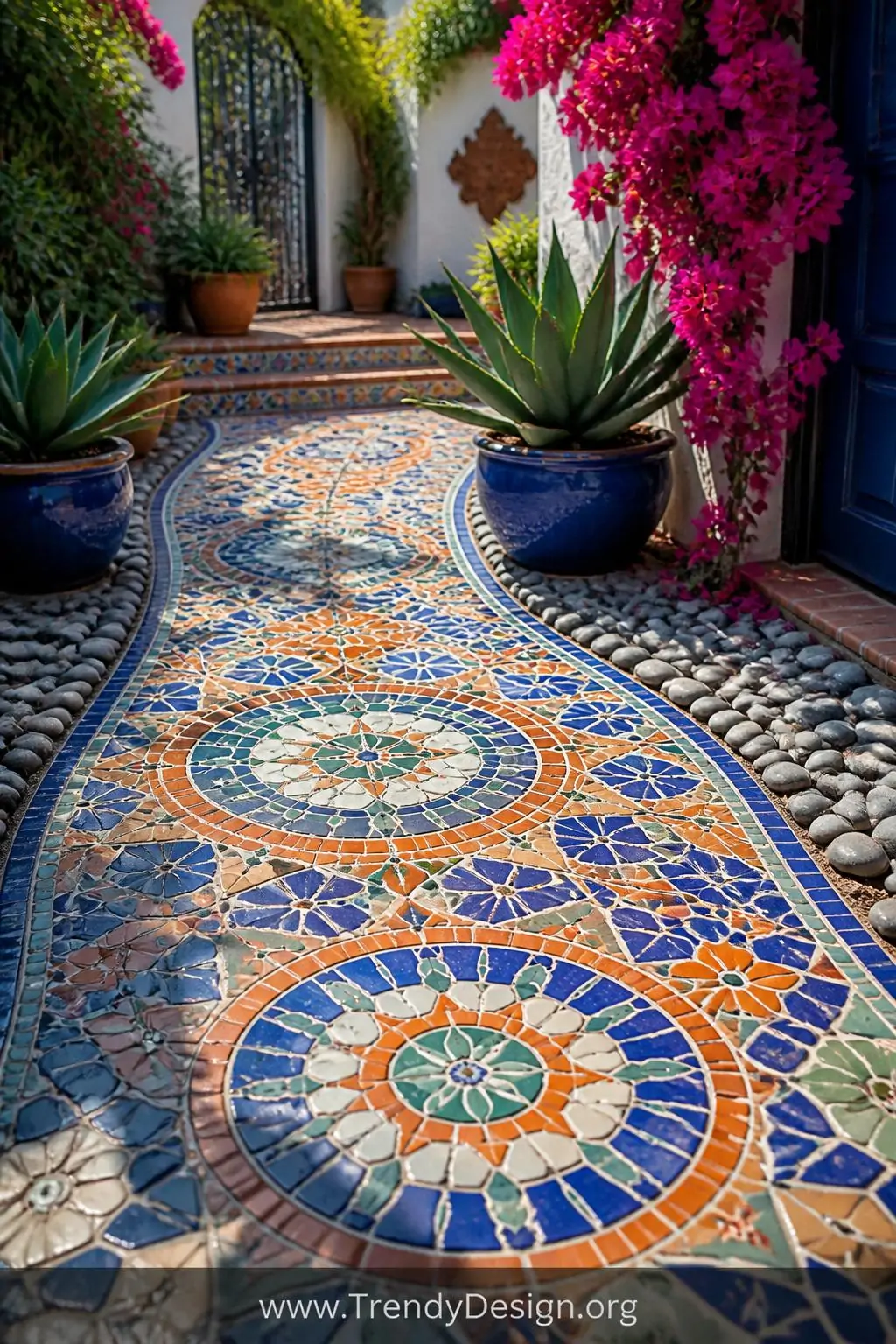 Medium photorealistic shot of a vibrant handcrafted mosaic tile garden path embedded into a sun-drenched patio garden, intric