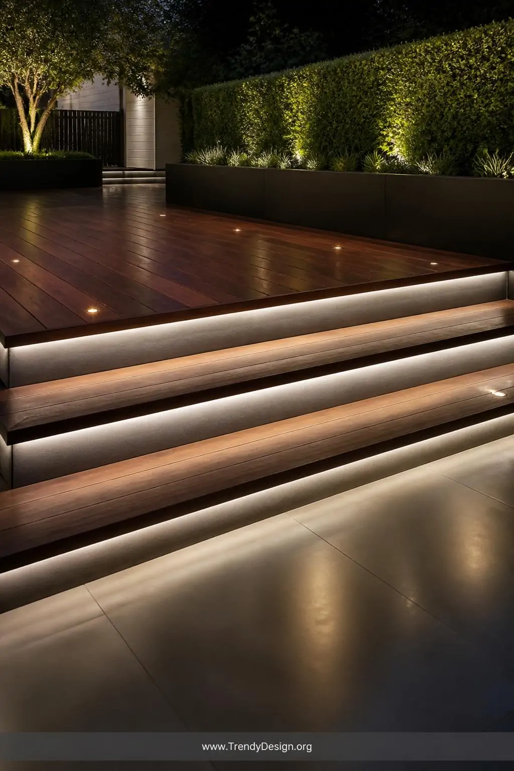 A wide photorealistic shot of a sleek contemporary timber deck at night with flush-recessed deck spotlights embedded between 