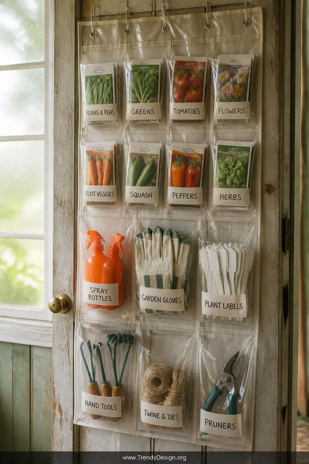 A medium photorealistic shot of the interior back of a weathered wooden shed door fitted with a clear vinyl over-door pocket 