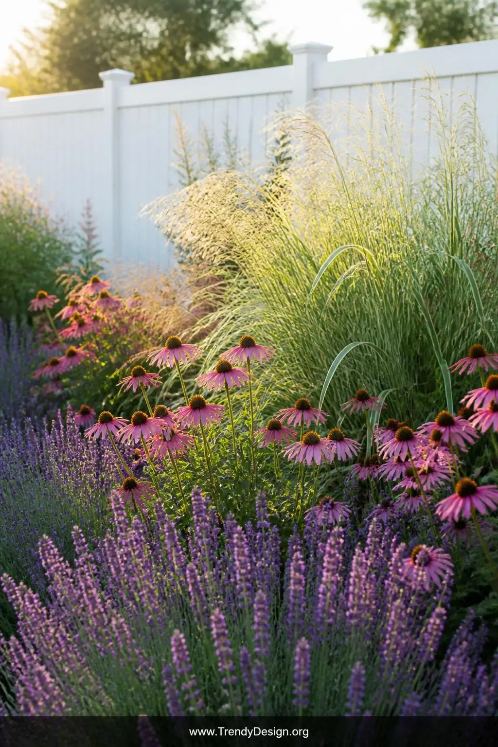 Medium photorealistic shot of a flourishing perennial garden border in full summer peak, rows of fragrant purple lavender spi