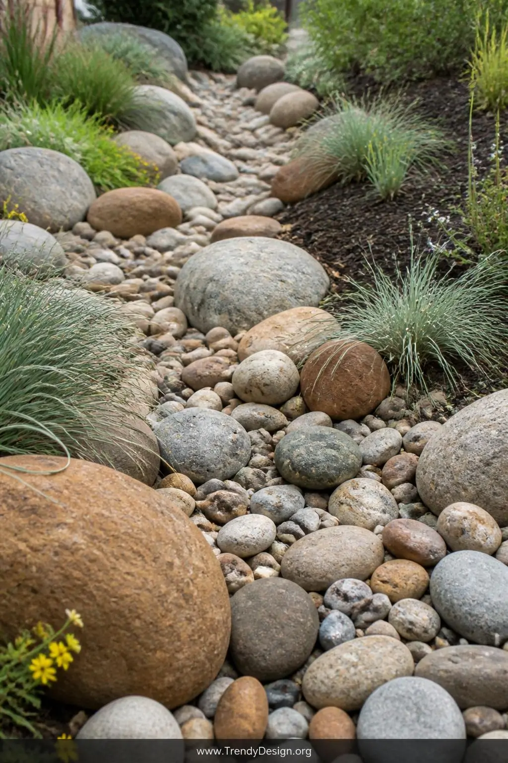 A close-up detailed shot of a dry creek bed rain garden winding through a yard, carefully arranged river stones in warm sandy