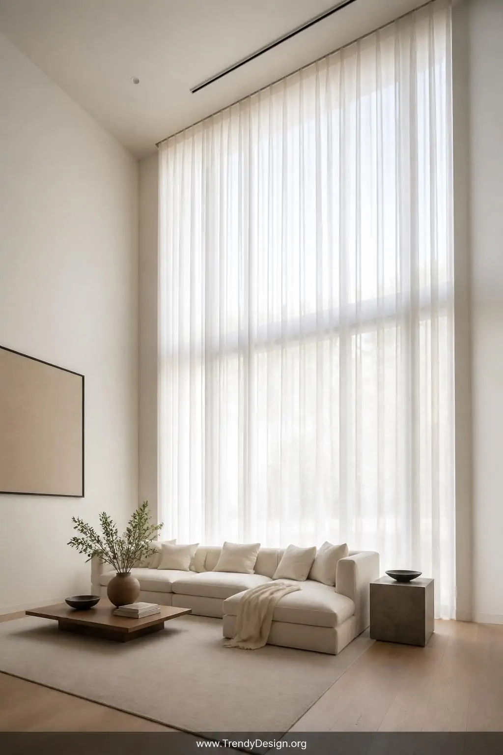 Wide shot of a bright minimalist living room where a ceiling-mounted curtain rod releases floor-length translucent white shee
