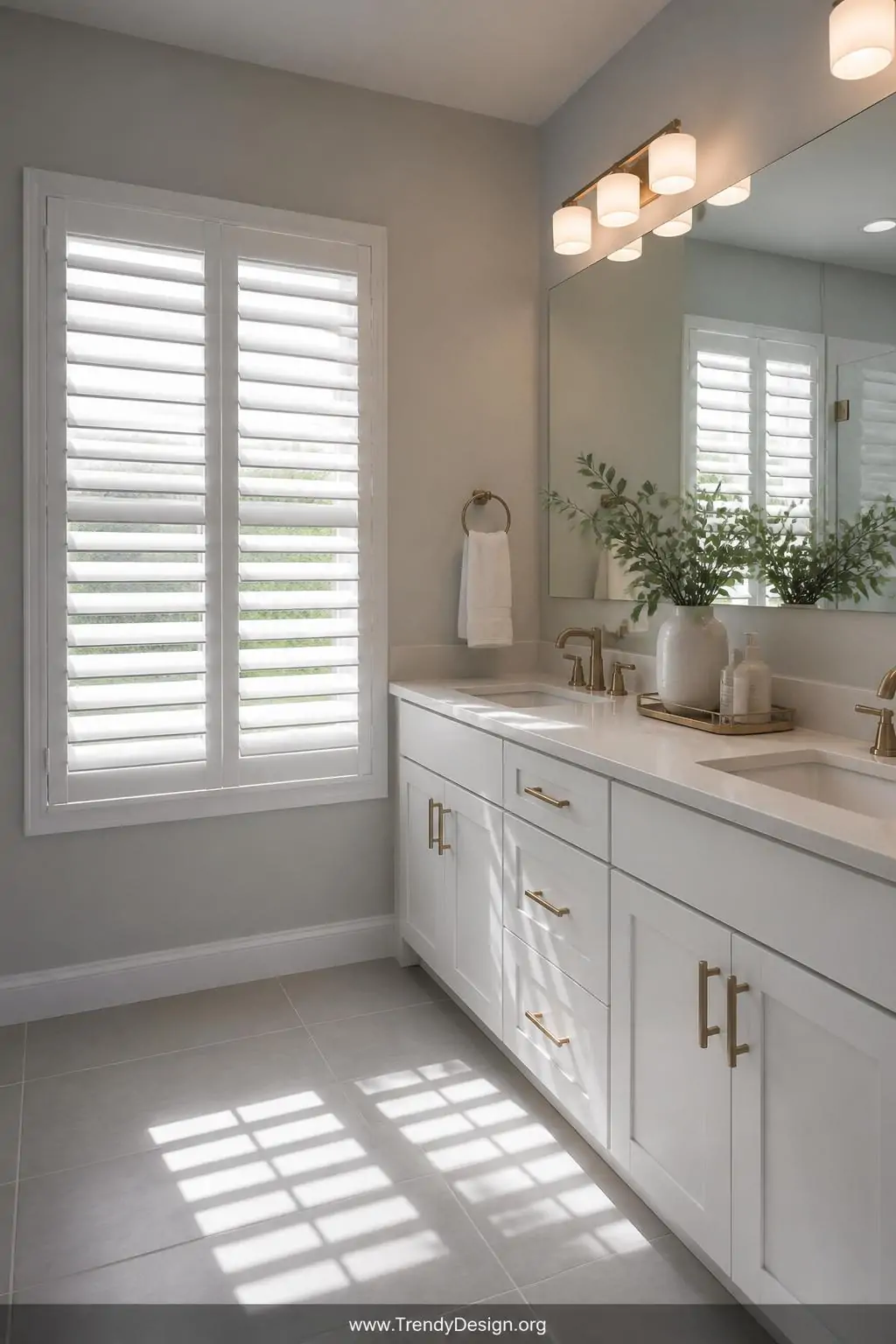 Medium shot of a sophisticated bathroom featuring crisp bright-white PVC plantation shutters with wide louvered slats slightl