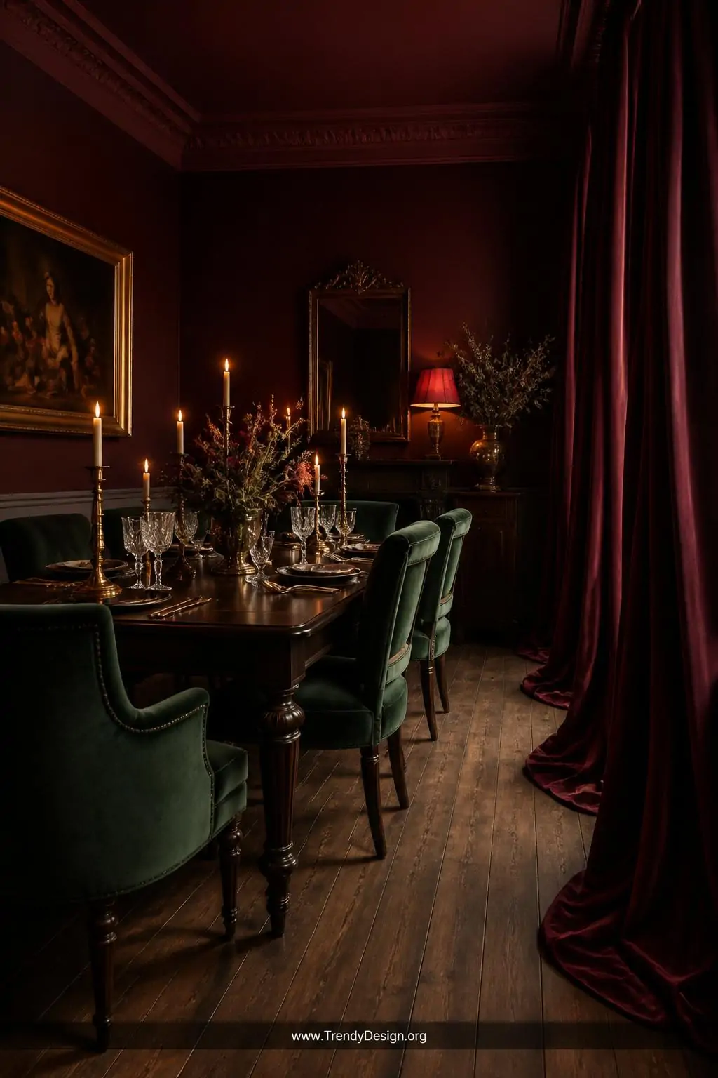Wide shot of an intimate dining room bathed in deep burgundy wine-colored walls, dark mahogany table set with antique brass c