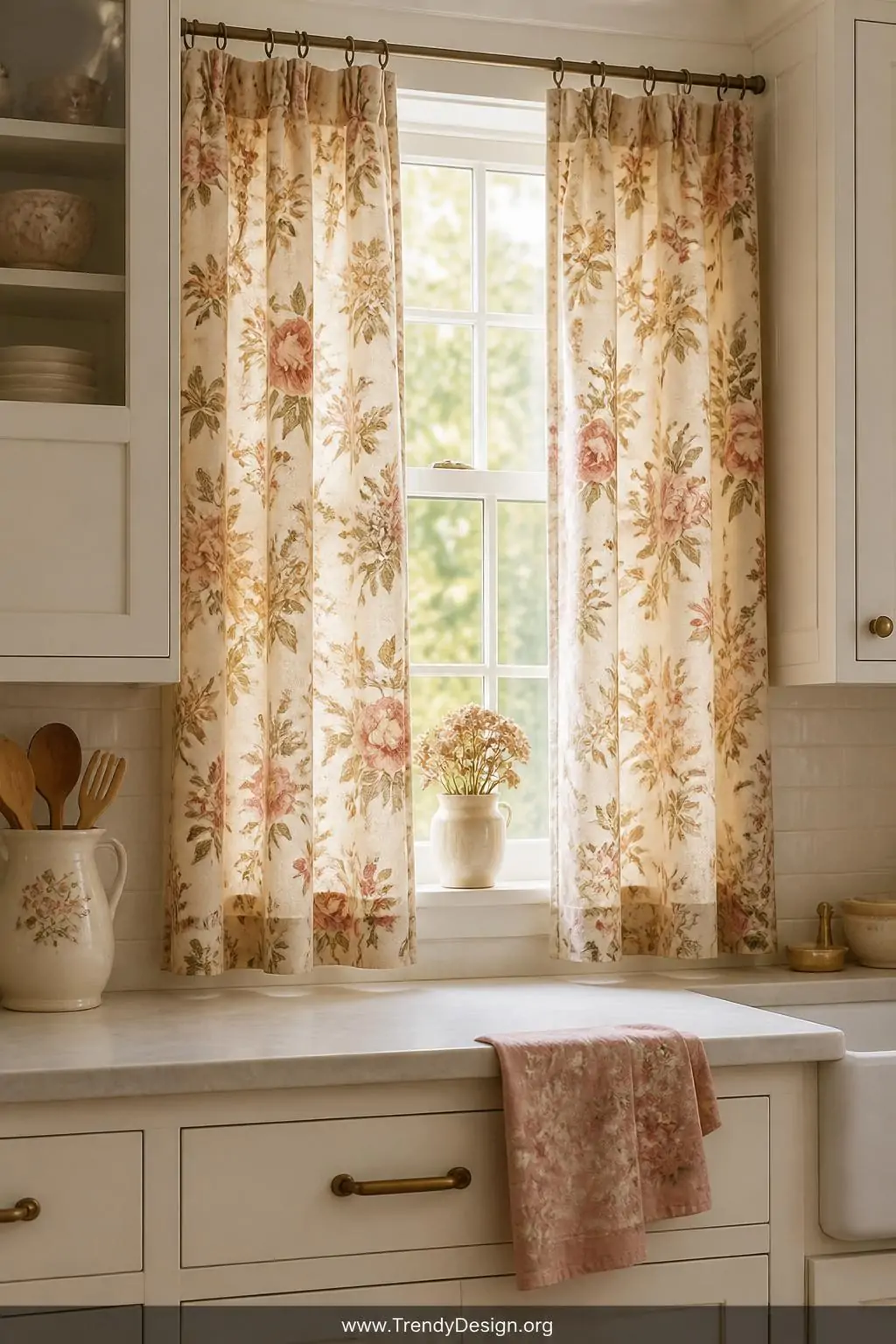 Photorealistic medium closeup of a kitchen window dressed in vintage-inspired floral curtains with a soft watercolor quality,