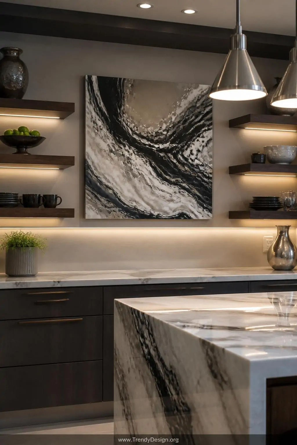 Medium shot of a sleek kitchen featuring a large acrylic pour swipe technique painting mounted between open floating shelves,