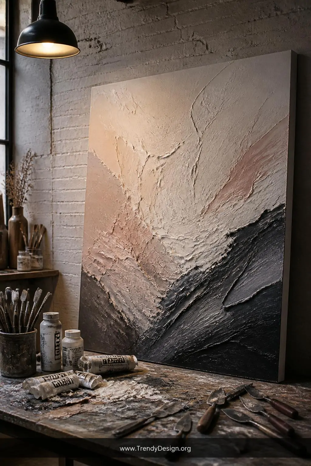 Medium shot of a stylish home studio featuring a large palette knife textured abstract canvas propped against a whitewashed b