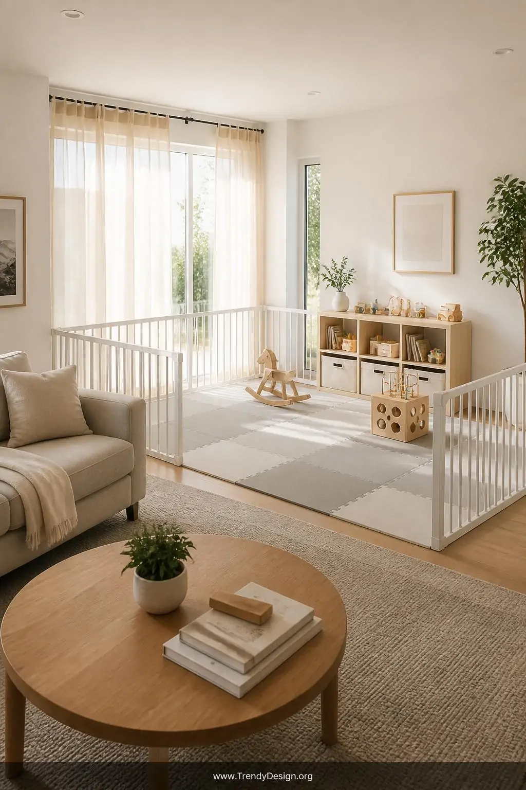 A spacious Scandinavian-style living room with white painted walls, light birch furniture, and pale grey interlocking foam fl