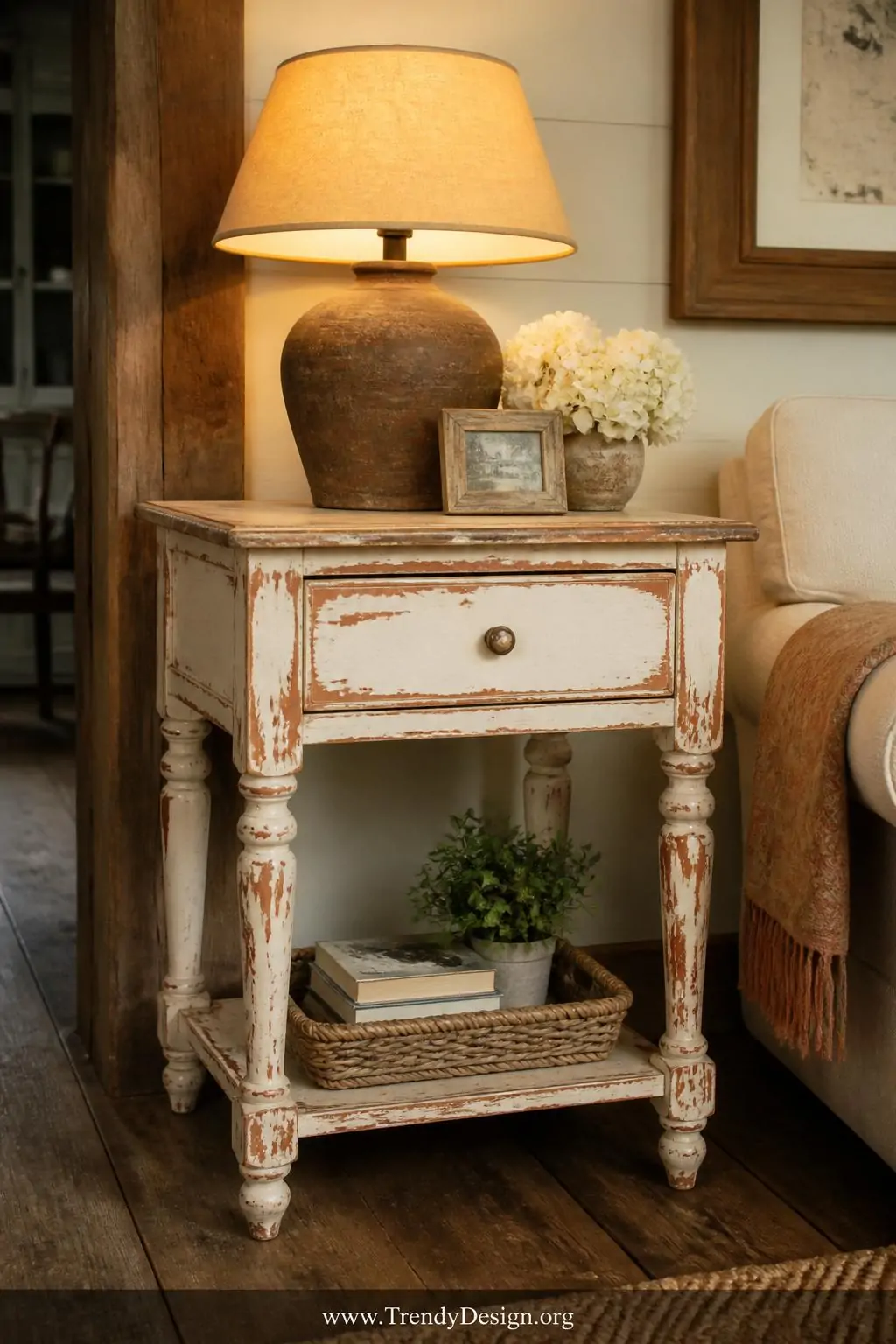 A medium-shot photorealistic interior design image of a distressed farmhouse side table painted with a creamy white top coat 