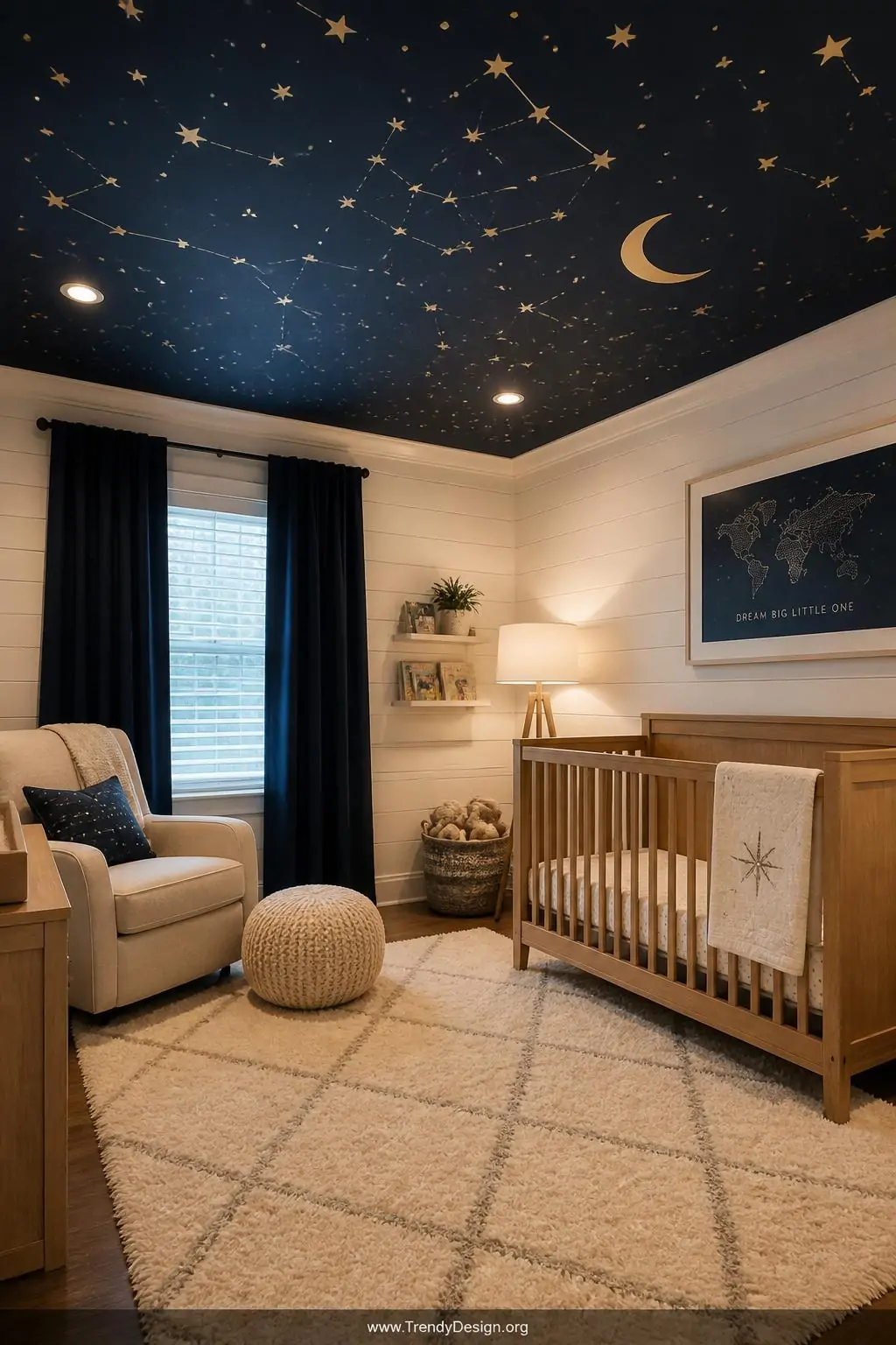A wide-shot photorealistic nursery interior featuring a deep navy ceiling blanketed in scattered metallic gold stenciled star