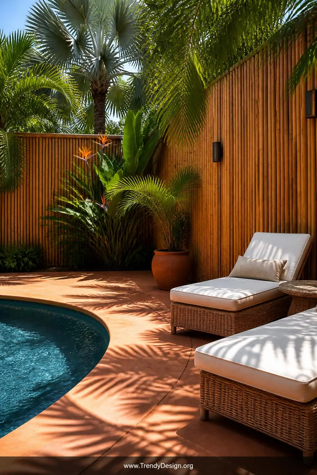 Medium photorealistic shot of a lush tropical backyard pool zone enclosed by tall treated bamboo panel fencing in warm honey 