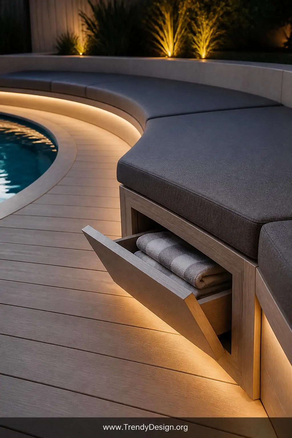 Close-up photorealistic shot of built-in composite deck bench seating following the clean geometric curve of a modern pool su