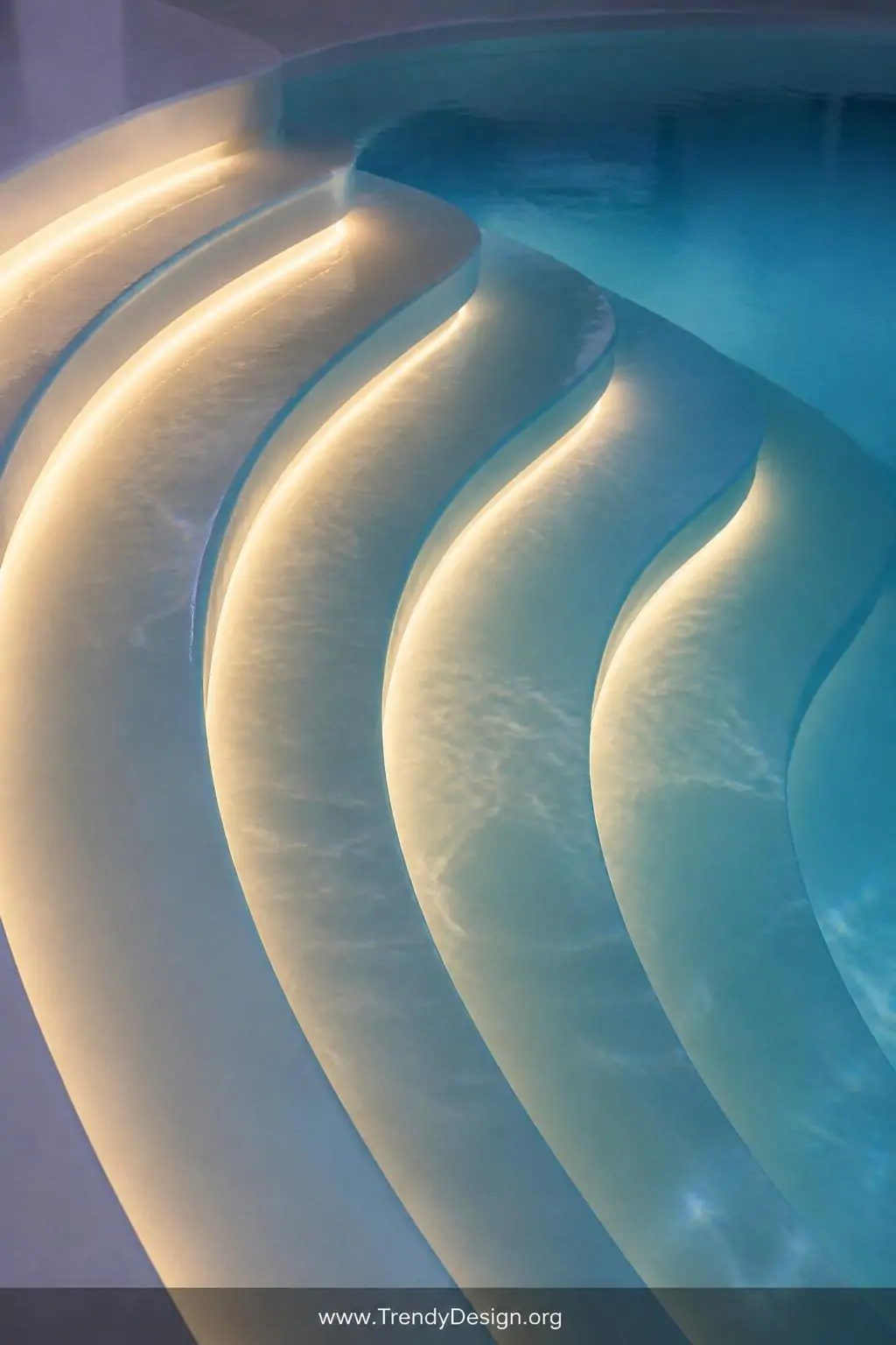 Closeup photorealistic shot of curved freeform pool steps descending into clear blue water, each step edge lined with continu