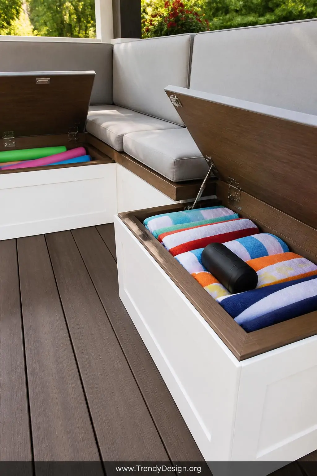 Medium photorealistic shot of built-in wraparound deck benches with thick weather-resistant dove-gray cushions, storage compa