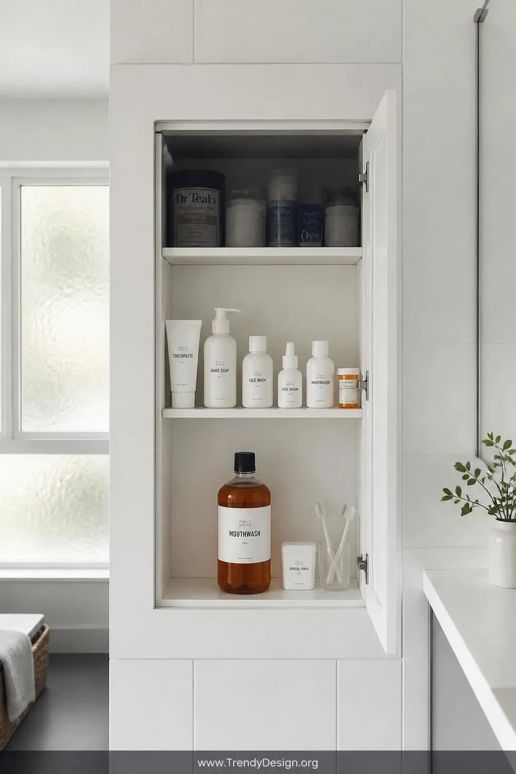 A wide shot of a floor-to-ceiling white bathroom wall with a large recessed medicine cabinet open at center, the middle shelf