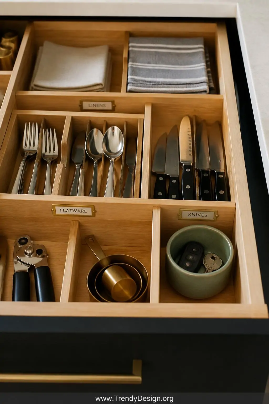 A medium close-up of an organized kitchen drawer where one small ceramic cup in matte sage green sits tucked into the far rig