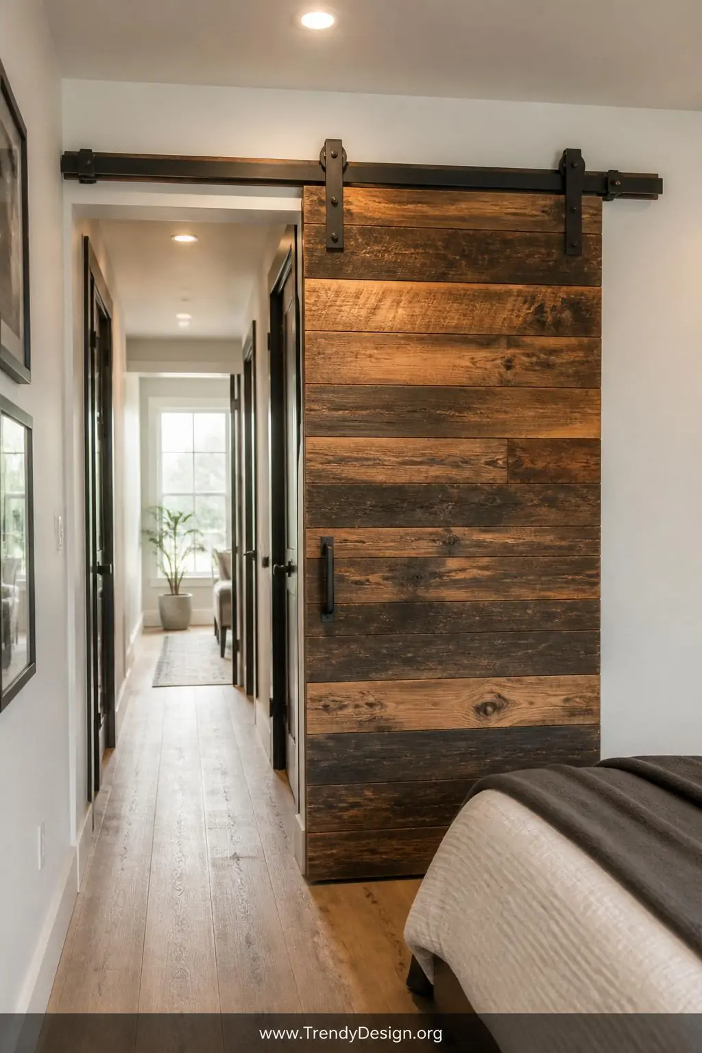 A wide photorealistic interior shot of a narrow bedroom hallway featuring a dramatic reclaimed wood sliding barn door on matt