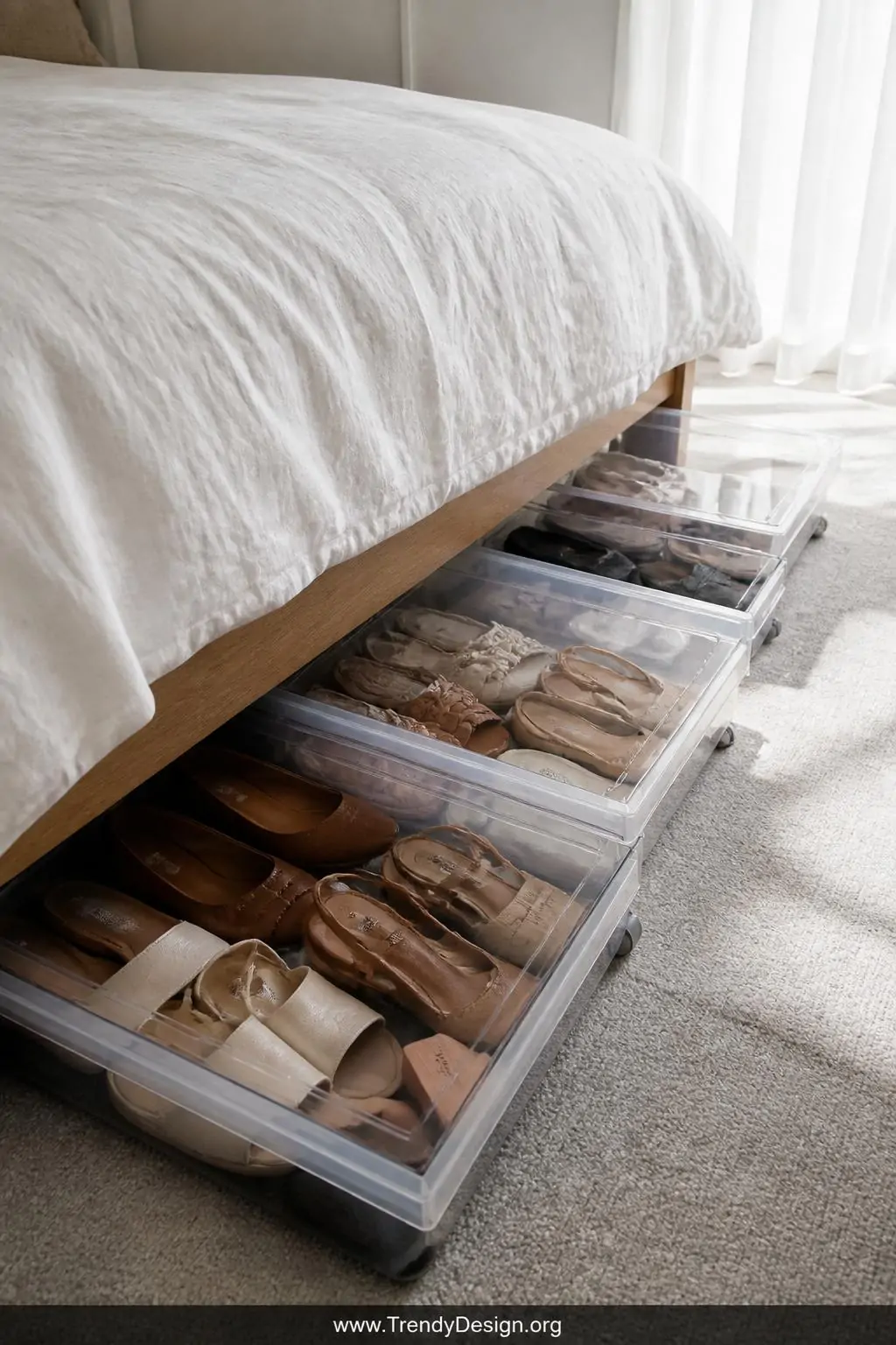 Three flat clear-lidded rolling shoe storage boxes slide partially out from beneath a low platform bed with a white linen duv