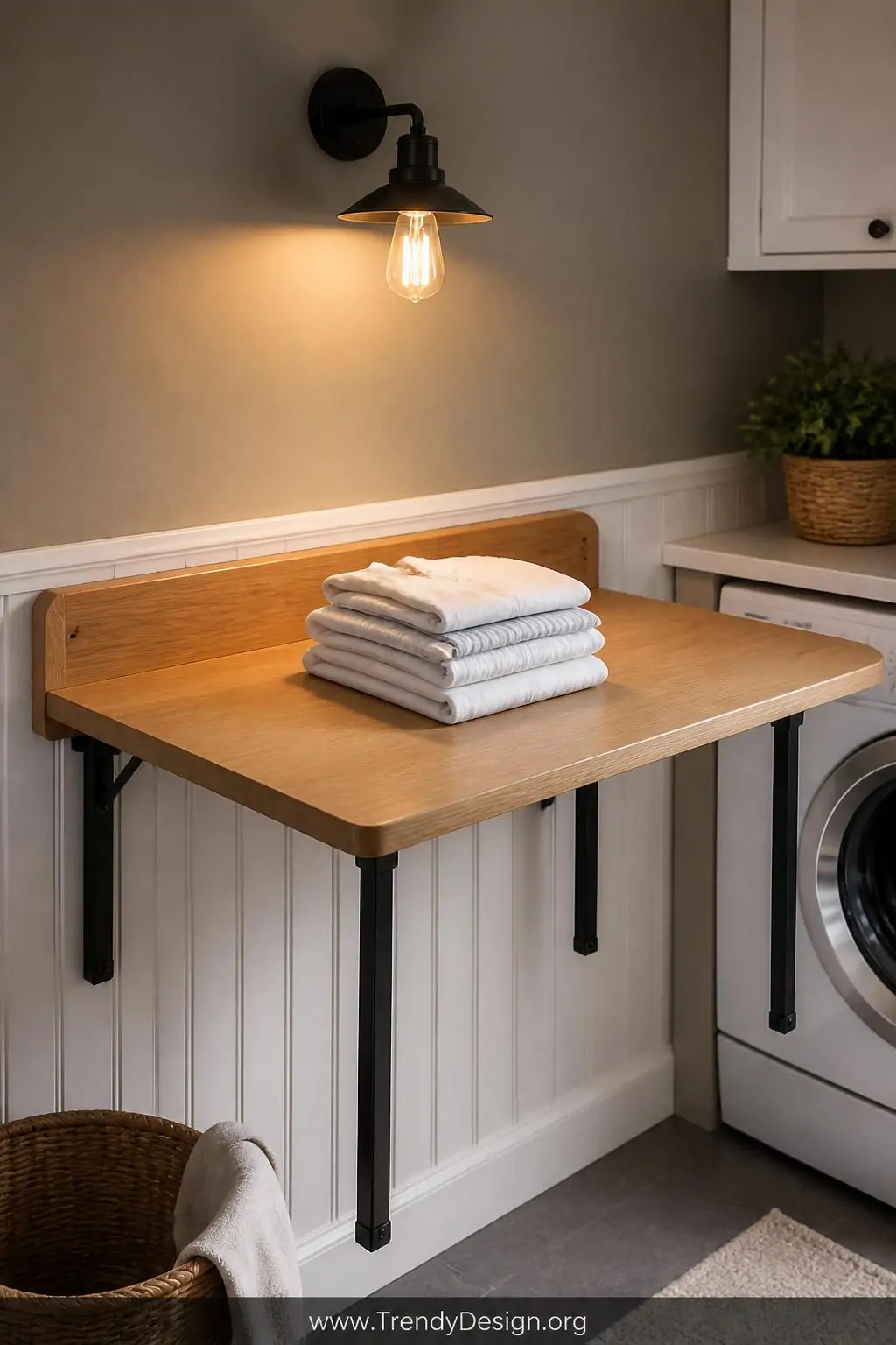 Closeup shot of a fold-down wall-mounted folding station in the fully open position inside a small laundry room, the shelf su