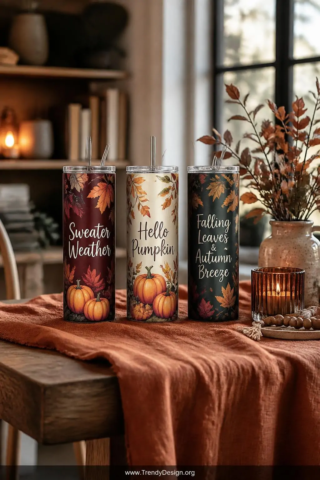 A wide shot of three seasonal sublimation tumblers arranged on a cozy rustic farmhouse table draped with a warm burnt orange 