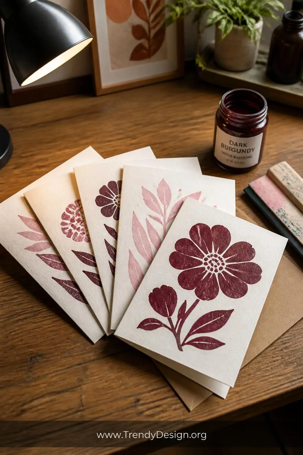 Closeup shot of a wooden desktop styled with a fanned arrangement of handmade screen printed greeting cards on thick cream ca