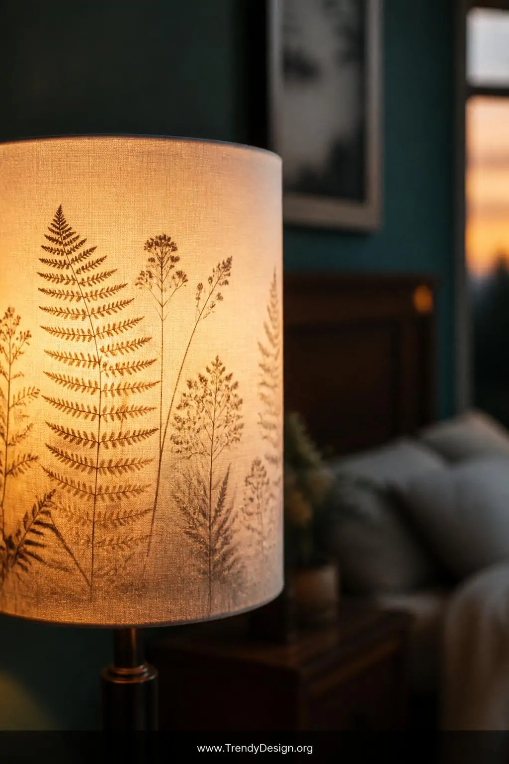 A close-up atmospheric bedroom shot at dusk capturing a white fabric lampshade with a delicate botanical transfer design of t