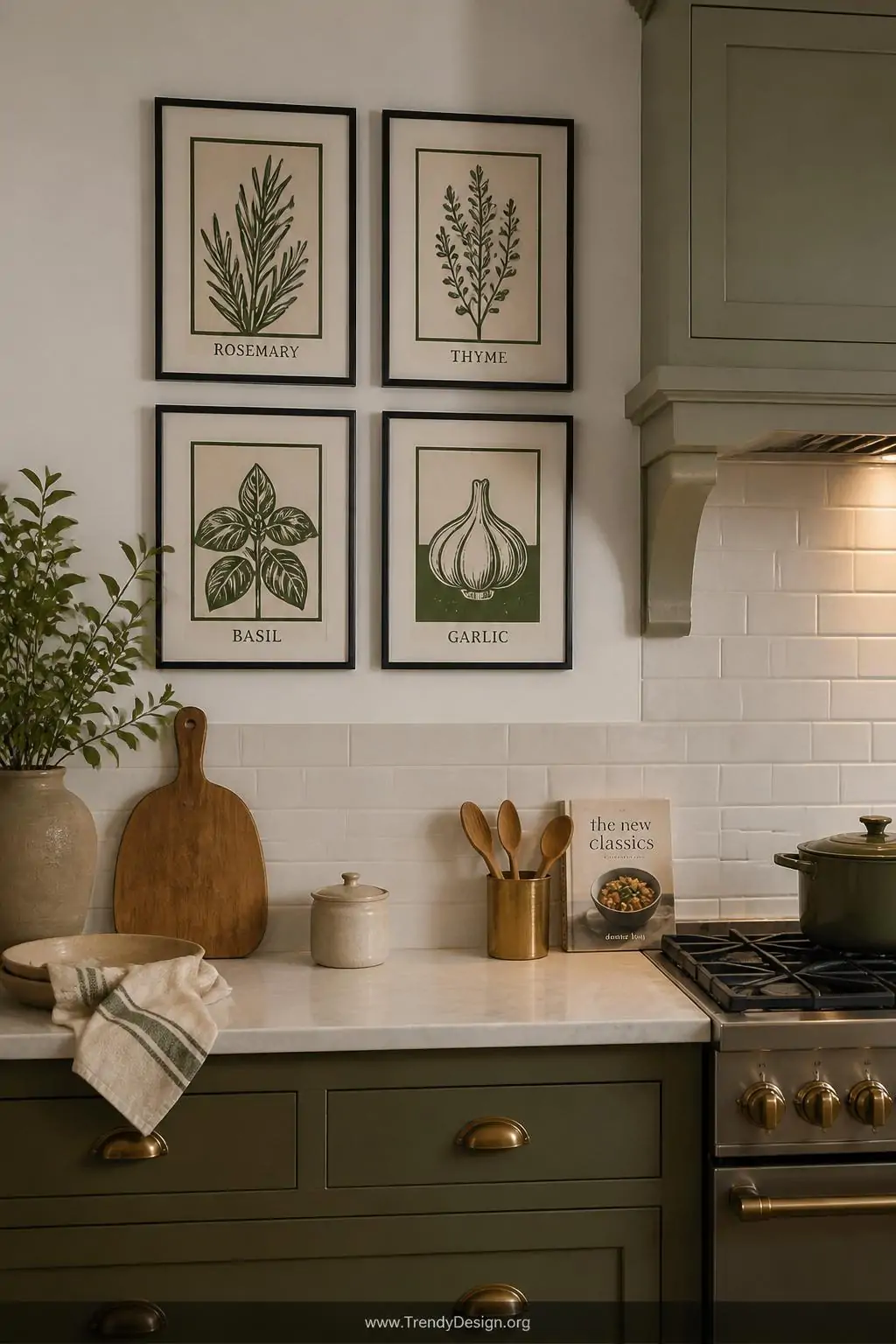A wide kitchen scene with four simple black-framed linocut herb prints — rosemary, thyme, basil, and garlic — printed in deep