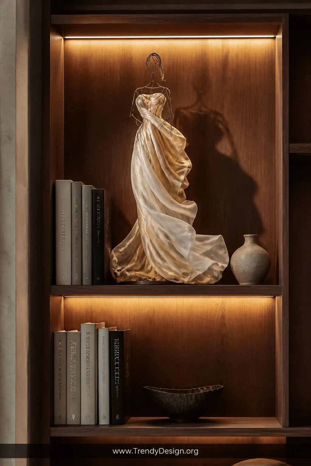 Wide shot of a minimalist styled bookshelf interior featuring a tall draped wire armature figure sculpture draped in flowing 
