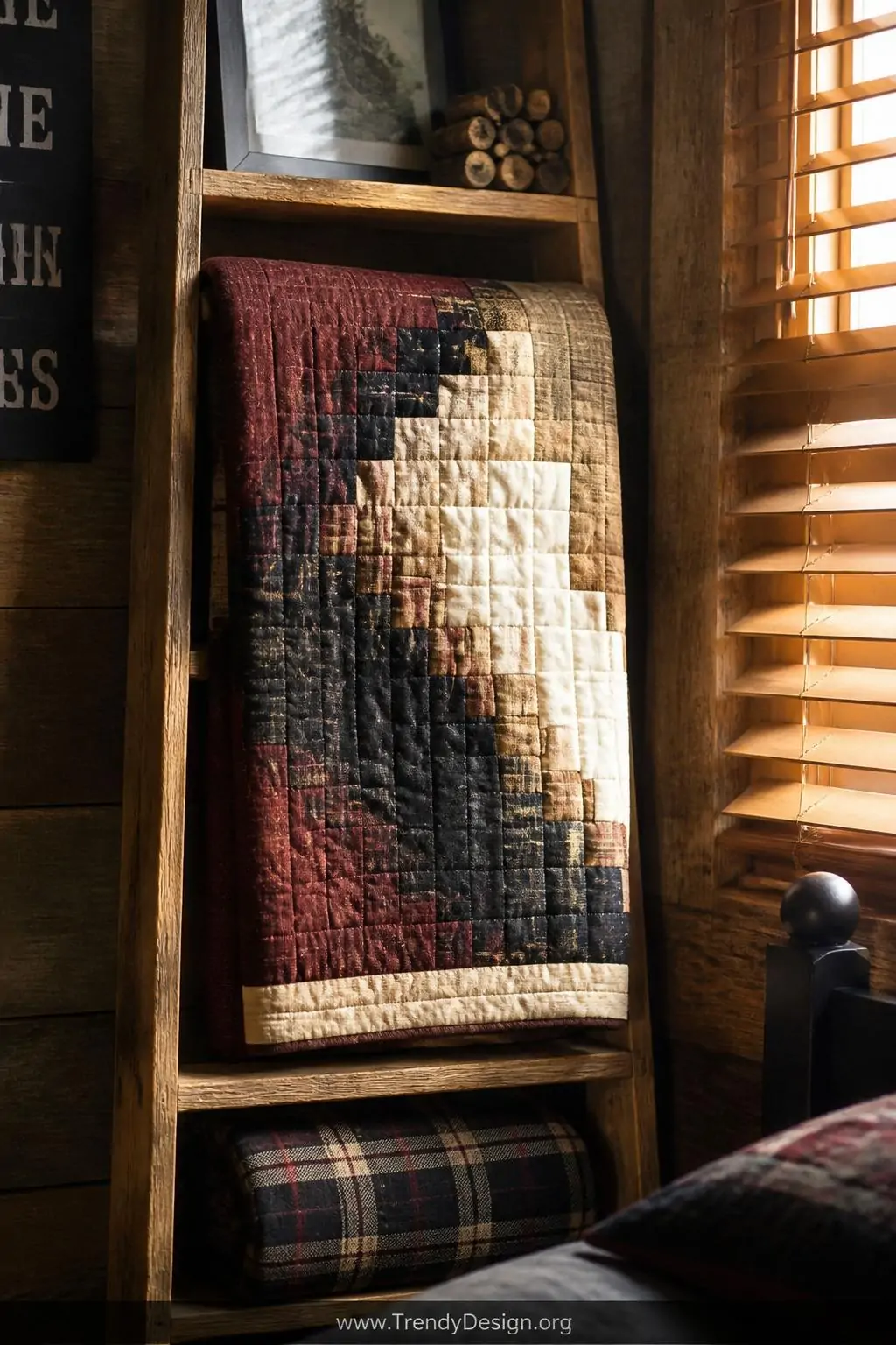 A medium shot of a log cabin patchwork quilt folded and stacked on a ladder shelf in a rustic boys room, the classic concentr