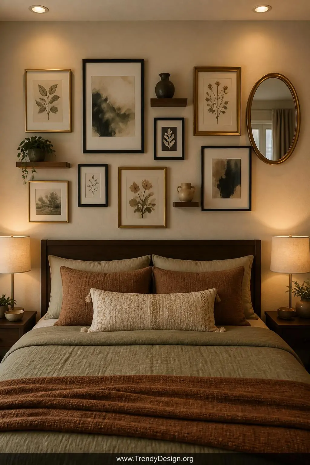 Medium photorealistic interior design shot of a curated gallery wall above a queen bed featuring a carefully arranged mix of 