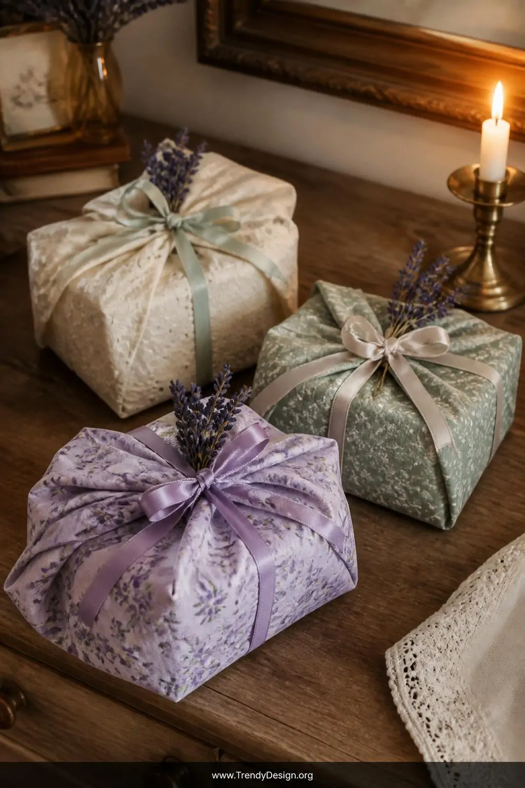 Closeup shot of a rustic wooden tabletop displaying three small gifts wrapped in vintage handkerchiefs using the furoshiki fo
