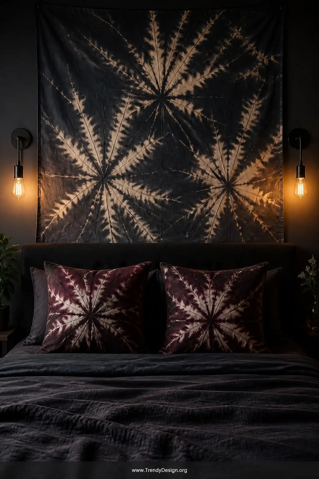 A medium-shot photorealistic interior design image of a moody dramatic bedroom accent wall styled with a large reverse bleach