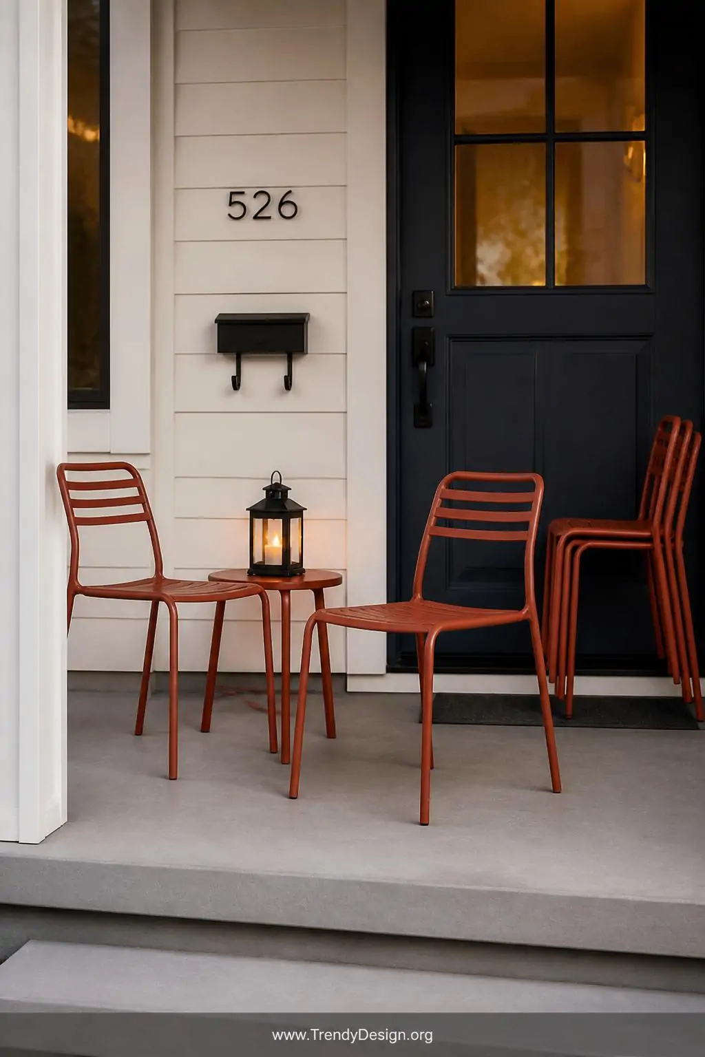 Medium shot, photorealistic interior design photography: Three powder-coated steel stackable chairs in warm terracotta are ar
