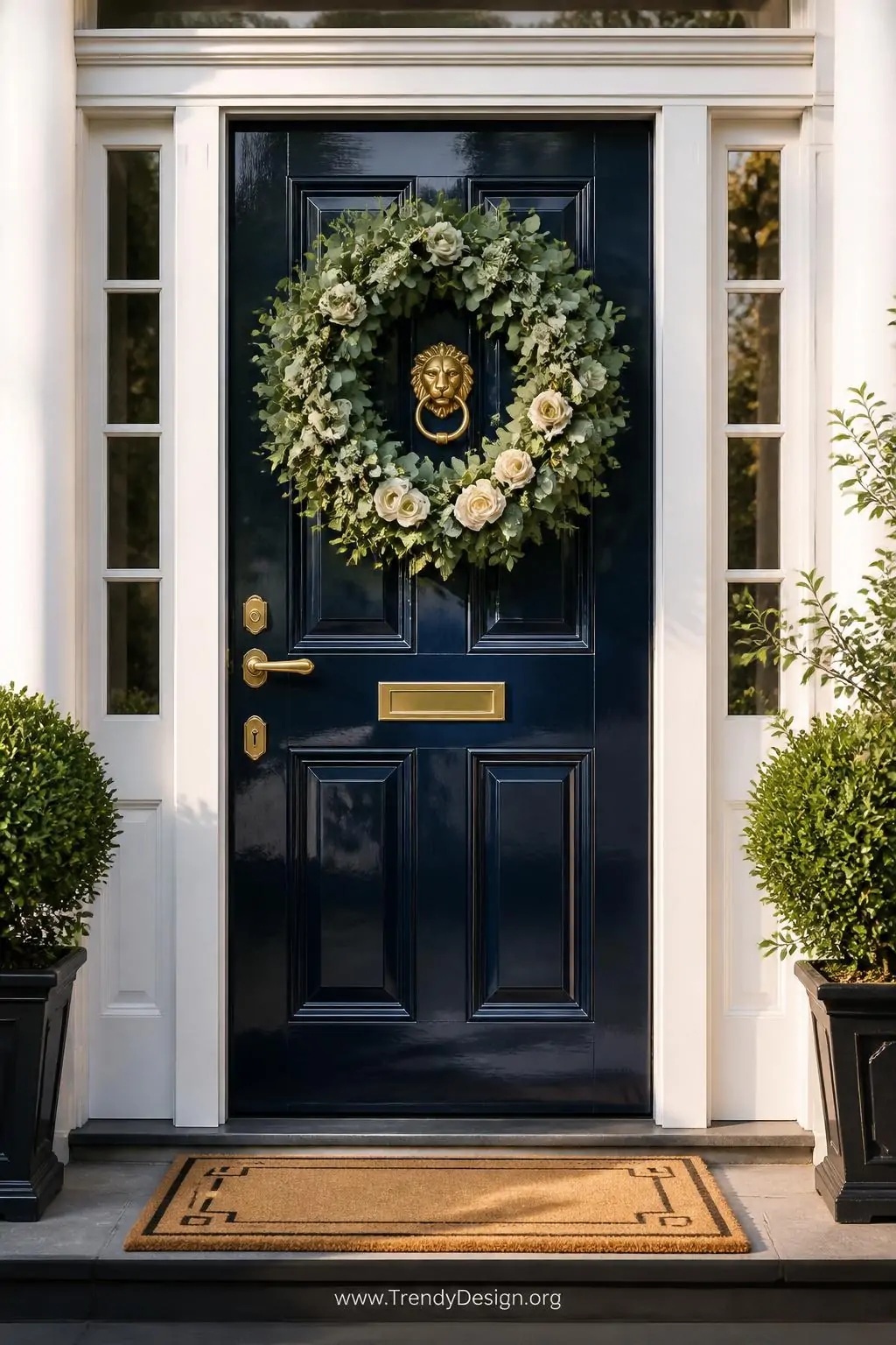 Medium photorealistic shot of a colonial front door painted in deep glossy navy blue with polished brass lever hardware and a