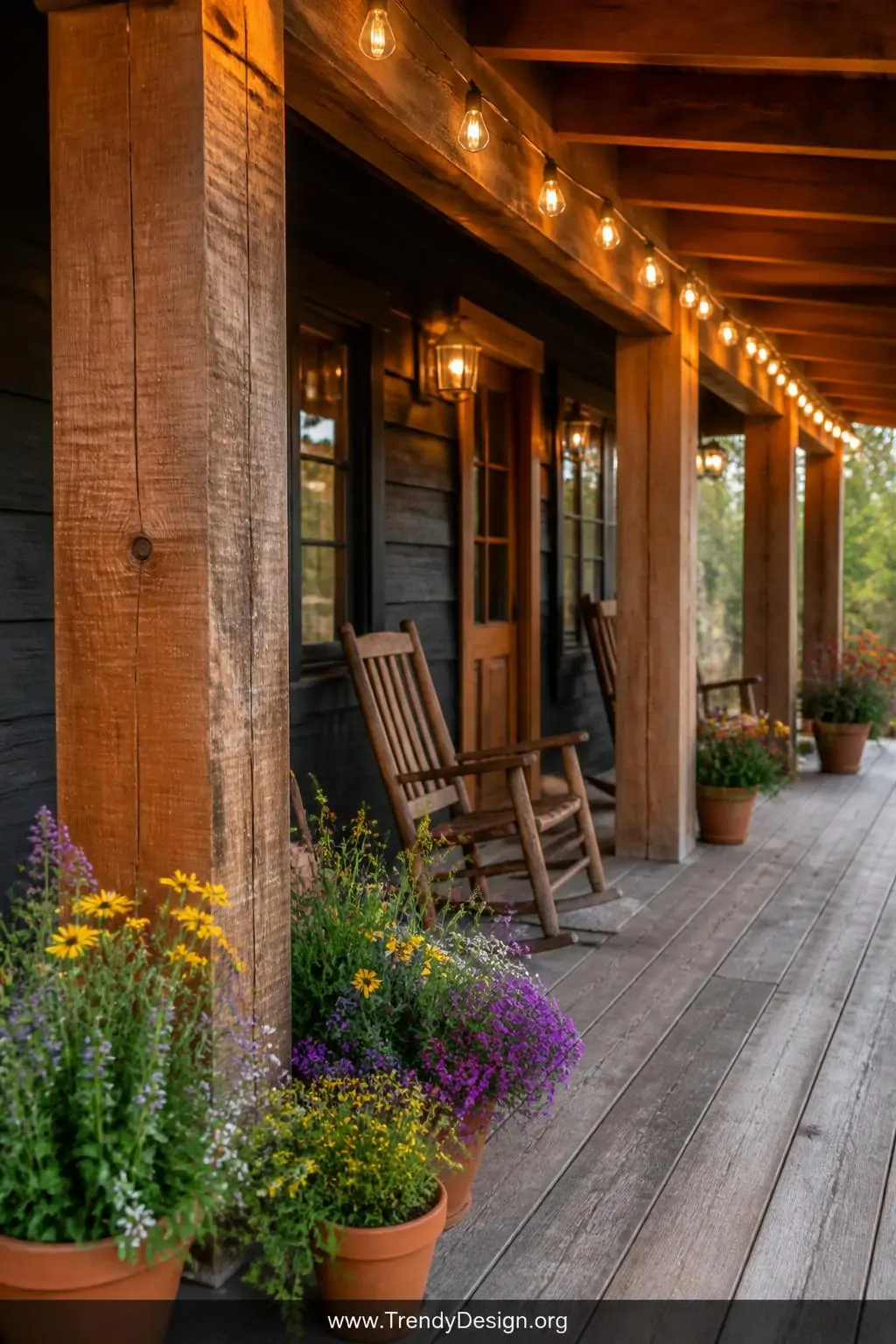 A wide photorealistic shot of a cozy cabin-style front porch with posts clad in rough-sawn cedar planks showing raw natural w