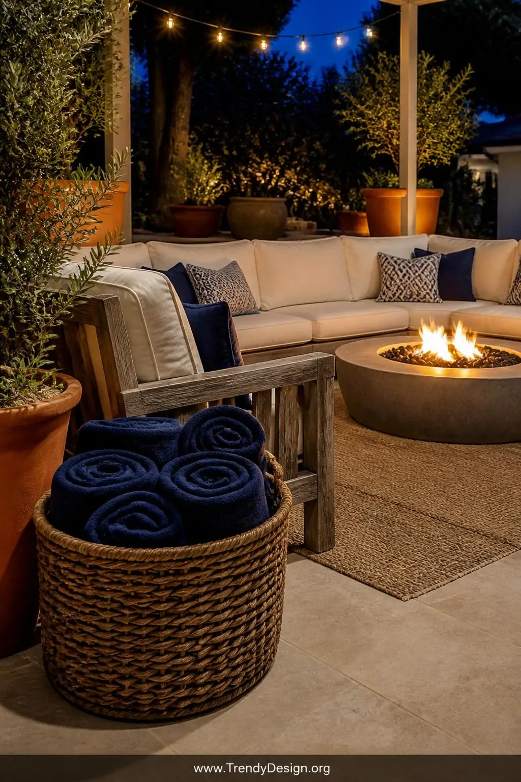 A wide-shot photorealistic outdoor patio at dusk featuring a large round wicker basket filled with neatly rolled matching nav