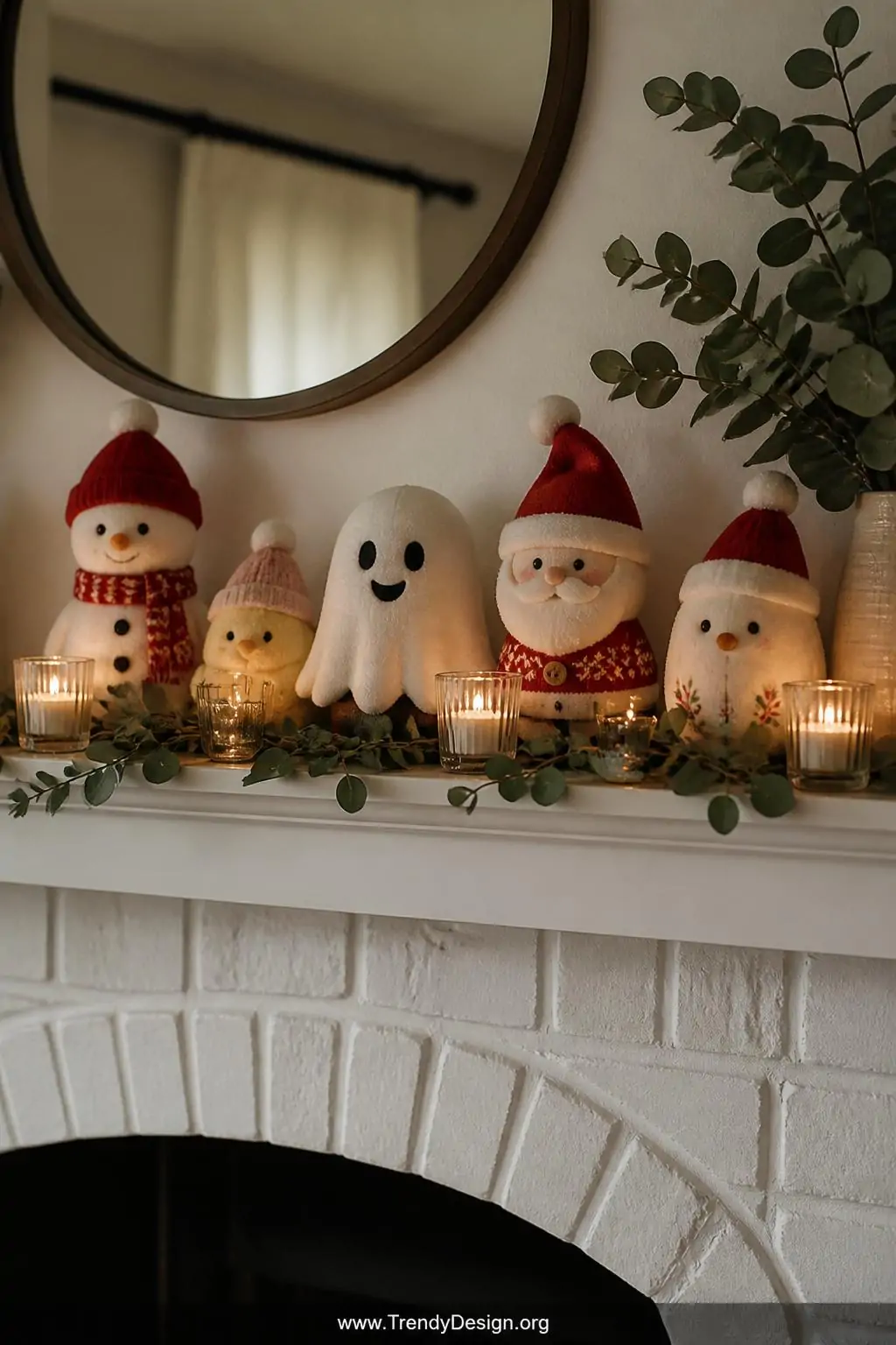 A photorealistic medium shot of a styled fireplace mantle displaying a seasonal rotation of sock plushies including a white g