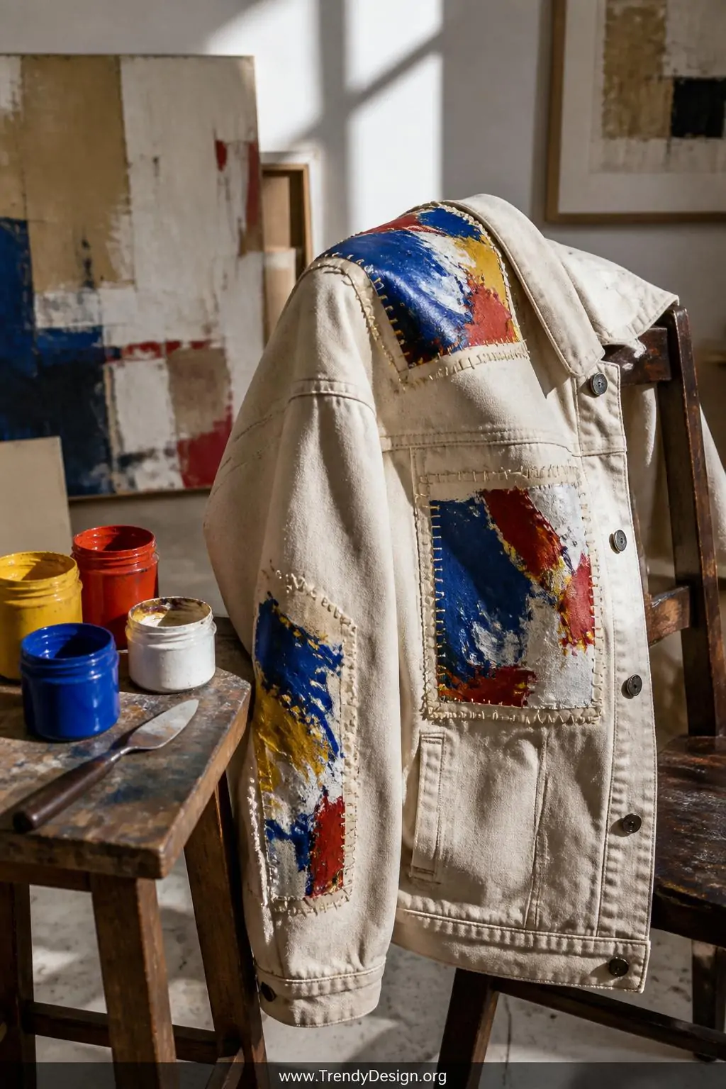 A medium shot of a cream canvas jacket draped over a wooden chair back in a bright studio space, hand-painted canvas patches 