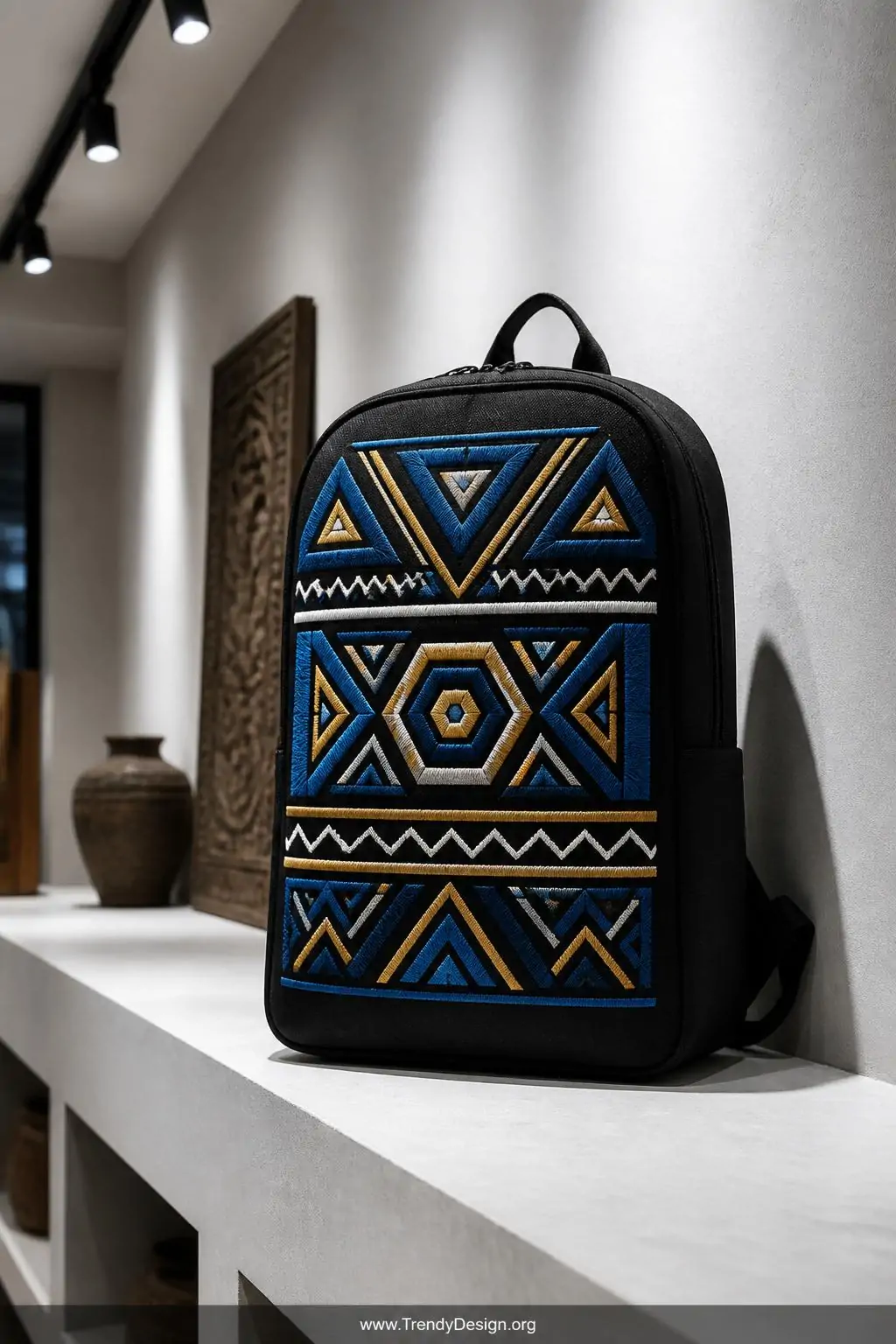 A medium shot of a plain matte black canvas backpack standing upright on a clean white concrete shelf against a minimalist st