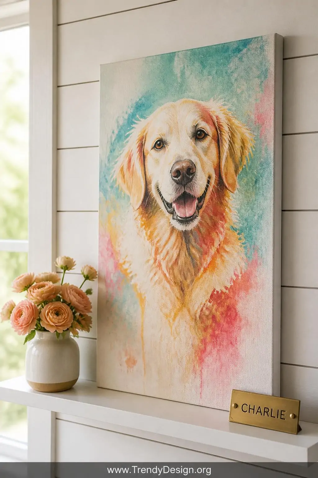 A vibrant closeup of a custom watercolor pet portrait canvas displayed on a whitewashed shiplap wall, the painting bursting w
