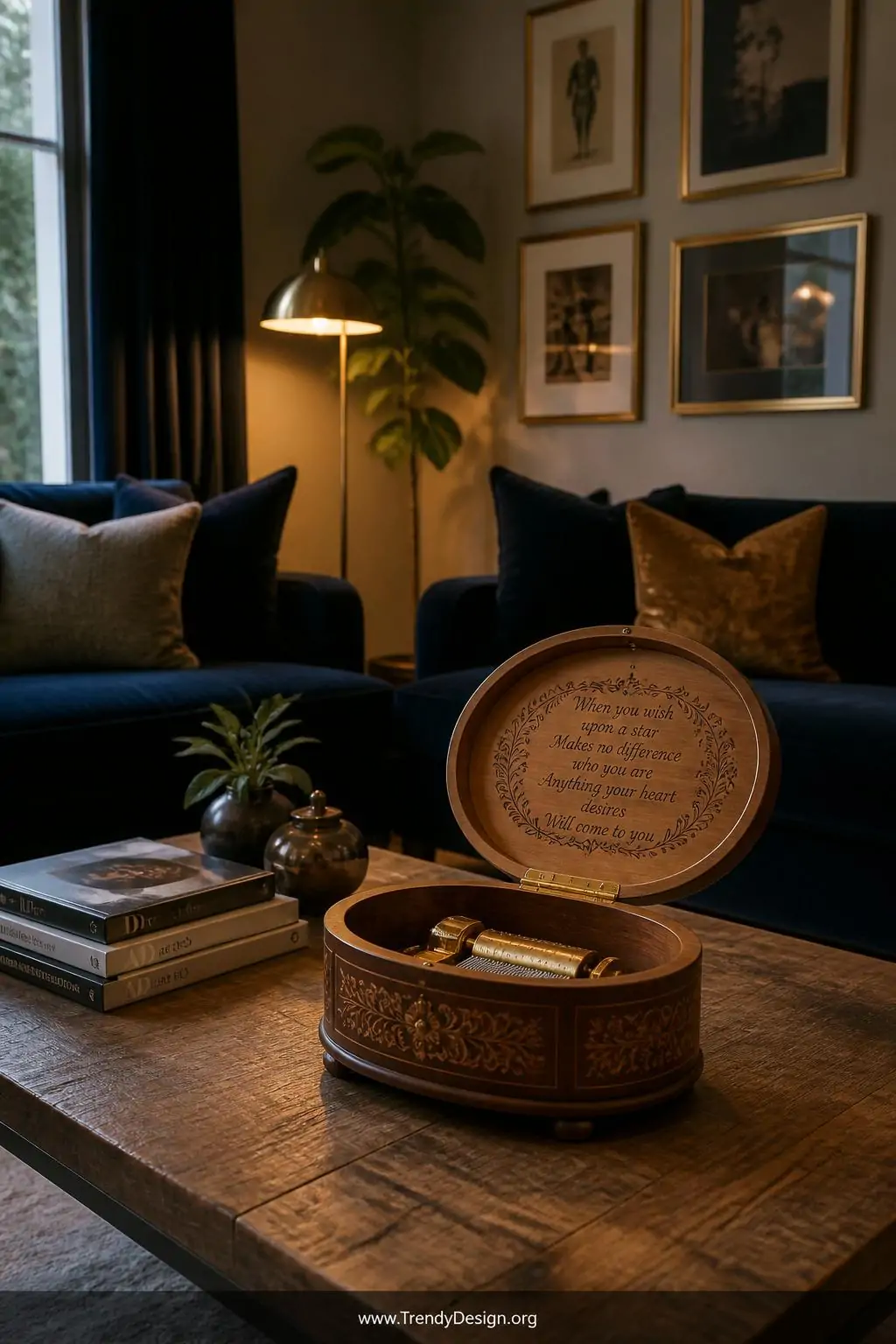 A wide-shot, photorealistic interior of a cozy living room with deep navy velvet sofas, warm brass floor lamp casting honeyed