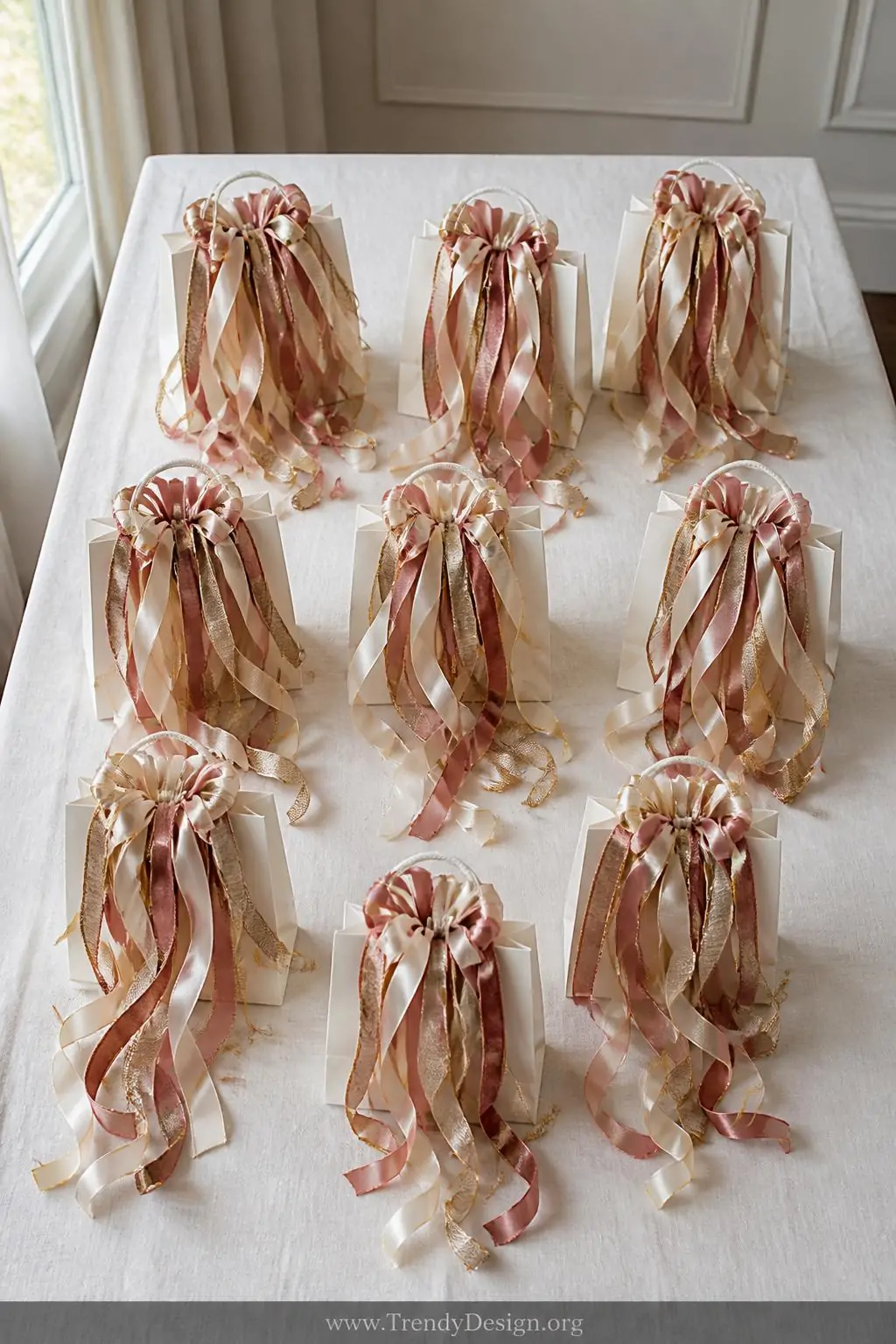 A wide-shot overhead flat lay showcasing several paper bags wrapped at the top with cascading layers of satin, velvet, and gr