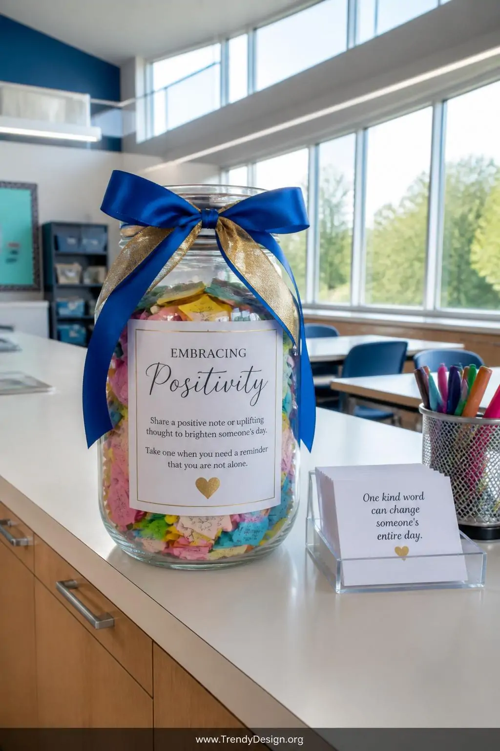 A medium-shot photorealistic interior of a bright classroom or modern office break room featuring a cheerful clear glass jar 