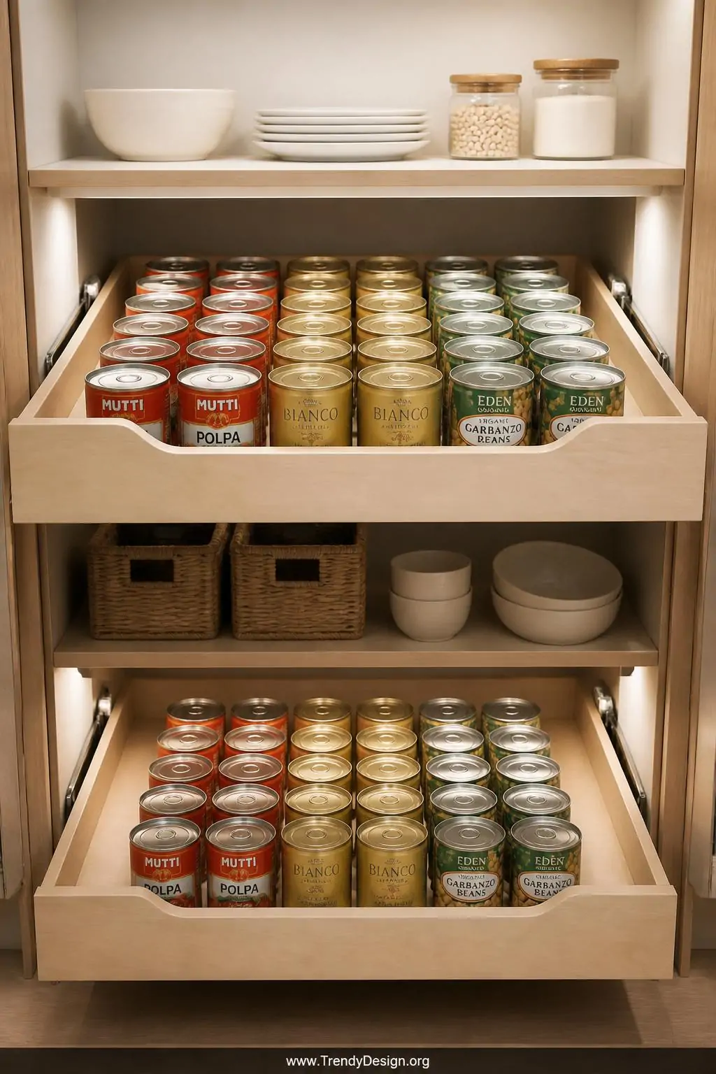 Wooden pull-out drawer slide organizer gliding forward on a deep pantry shelf, Scandinavian minimalist style, revealing three perfectly aligned rows of cans in muted label tones of red, gold, and green against a pale birch wood base, bright recessed ceiling lighting sharply defining the smooth drawer glide hardware and clean shelf edges, wide shot showing two full pantry shelves stacked with matching pull-out systems.