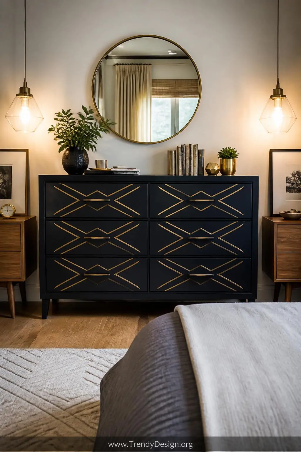 Medium shot of a dark navy IKEA dresser dramatically transformed with geometric brass metallic vinyl decals arranged symmetri