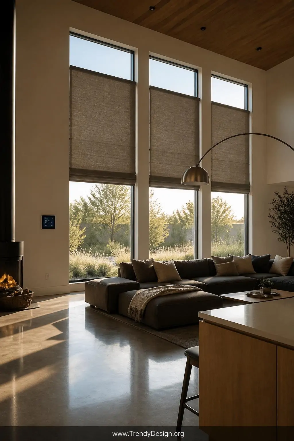 A grand open-plan living area with soaring ceilings and a bank of three tall windows each fitted with motorised Roman blinds 