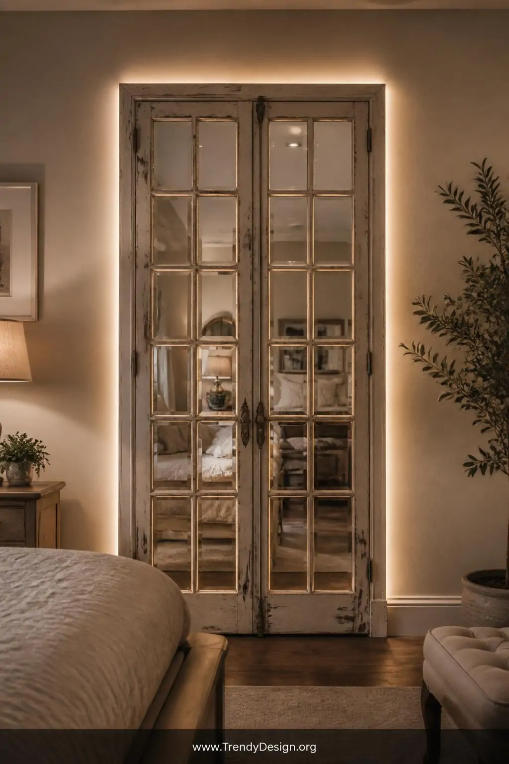 Distressed French door mounted flat against a bedroom wall with small cut mirrors filling every glass pane, thin LED strip lights glowing softly around the entire door frame, reflections multiplying the warm ambient light across the room, wide shot, photorealistic interior design.