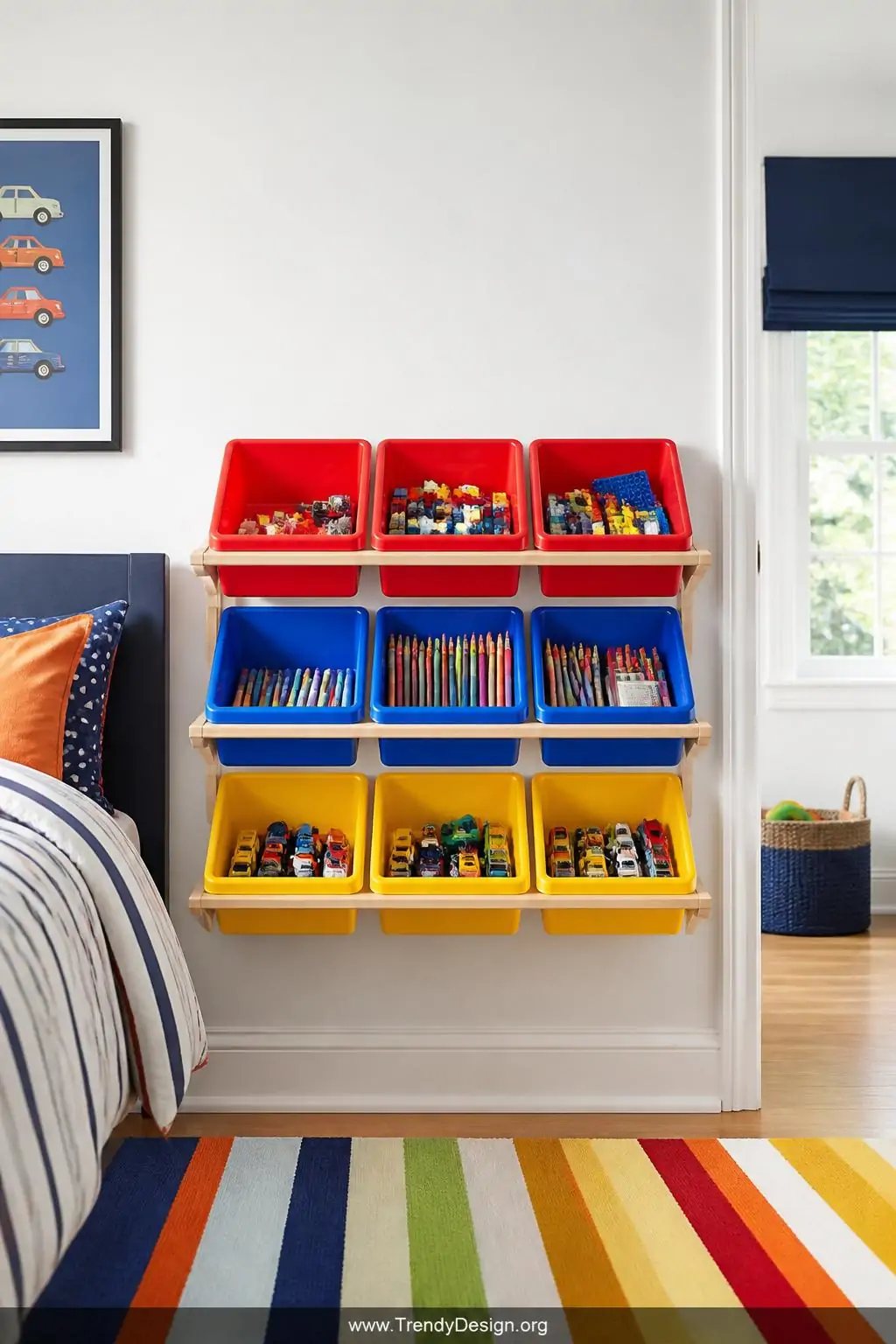 Colorful plastic bread tray open-shelf storage station mounted at child height on a white bedroom wall, red, blue, and yellow trays filled with LEGOs, art supplies, and small toy cars, bright playful overhead lighting, wide shot.