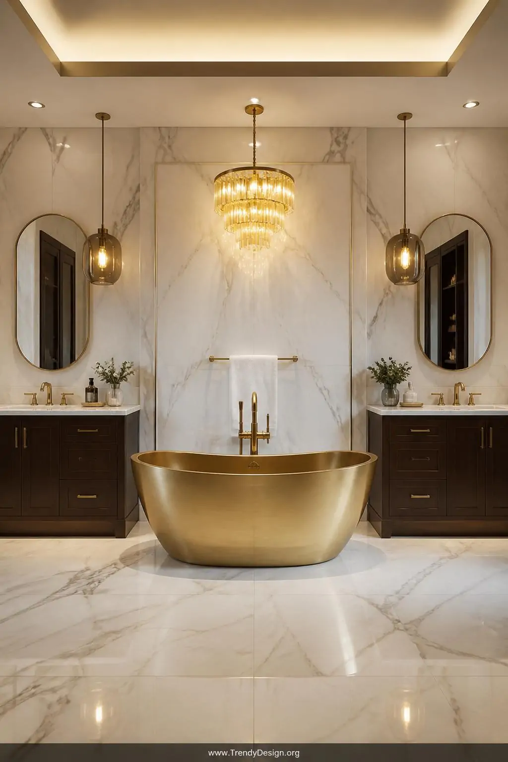 Oval brushed brass freestanding soaking tub centered between two identical dark walnut vanities in a master bathroom, modern luxury hotel style, matching smoked glass pendant lights hanging above each sink, soft veined white marble covering floor to ceiling, wide shot capturing the perfectly mirrored composition with warm chandelier glow reflecting across the polished surfaces.